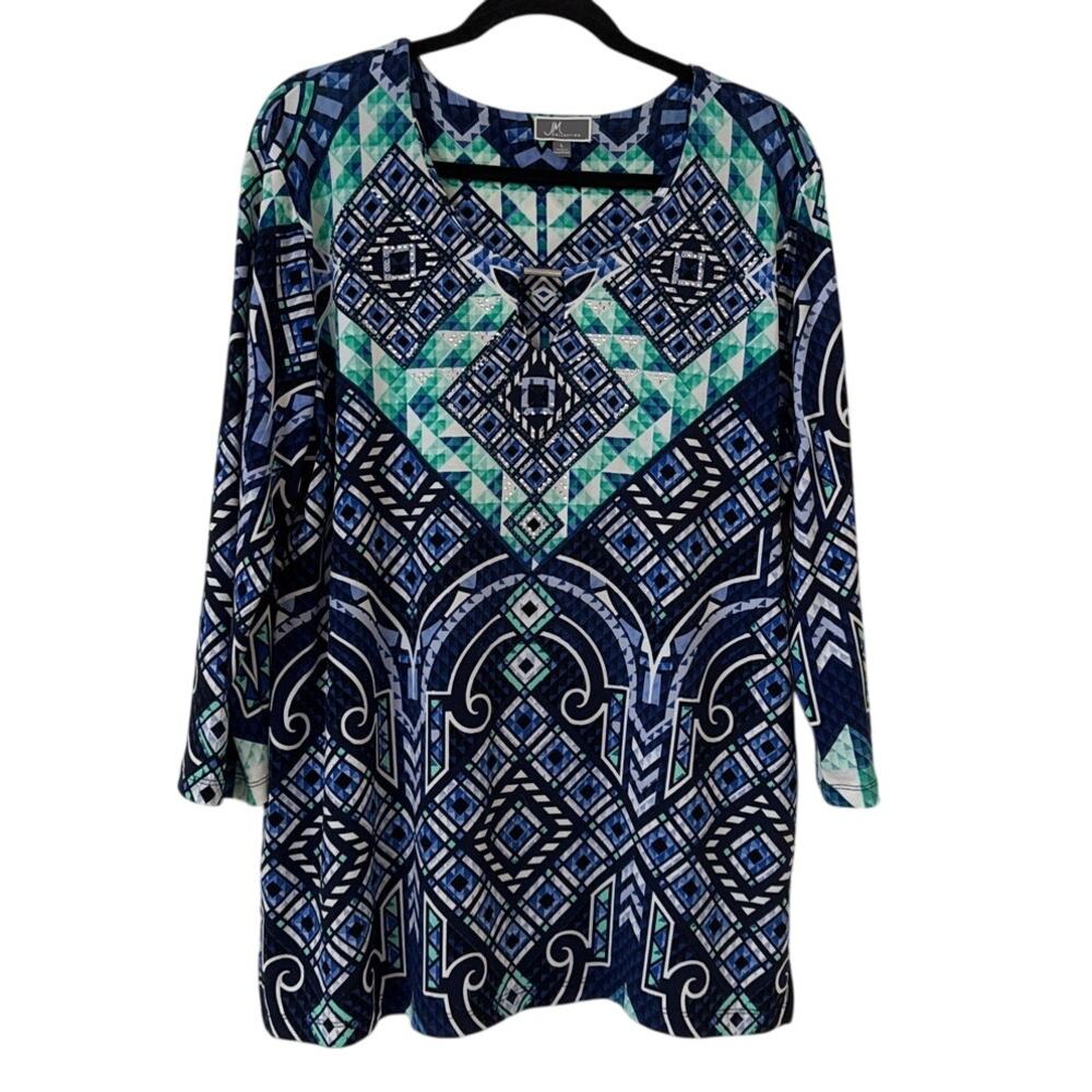 JM Collection Large Top 3/4 Sleeve Scoop Neck Blue Green White Rhinestone Accent